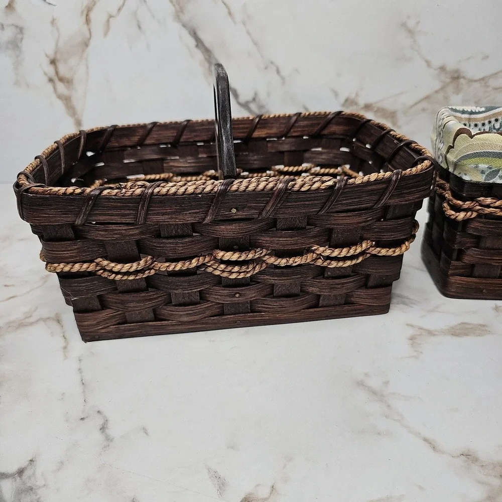 Handcrafted Brown Woven Wood Caddy & Lined Basket Set Organization‎ Cottagecore
